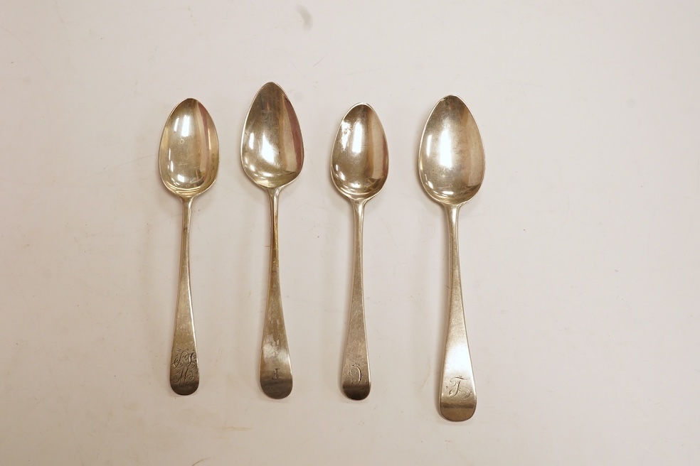 A collection of forty five assorted George III and later silver Old English pattern teaspoons, various dates and makers including Peter, Ann & William Bateman and a set of six by William Bateman, London, 1815, some with